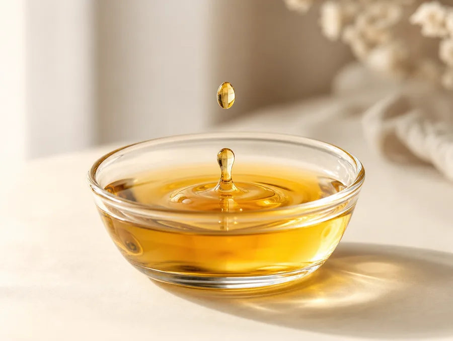 Golden omega-3 oil in a small glass dish
