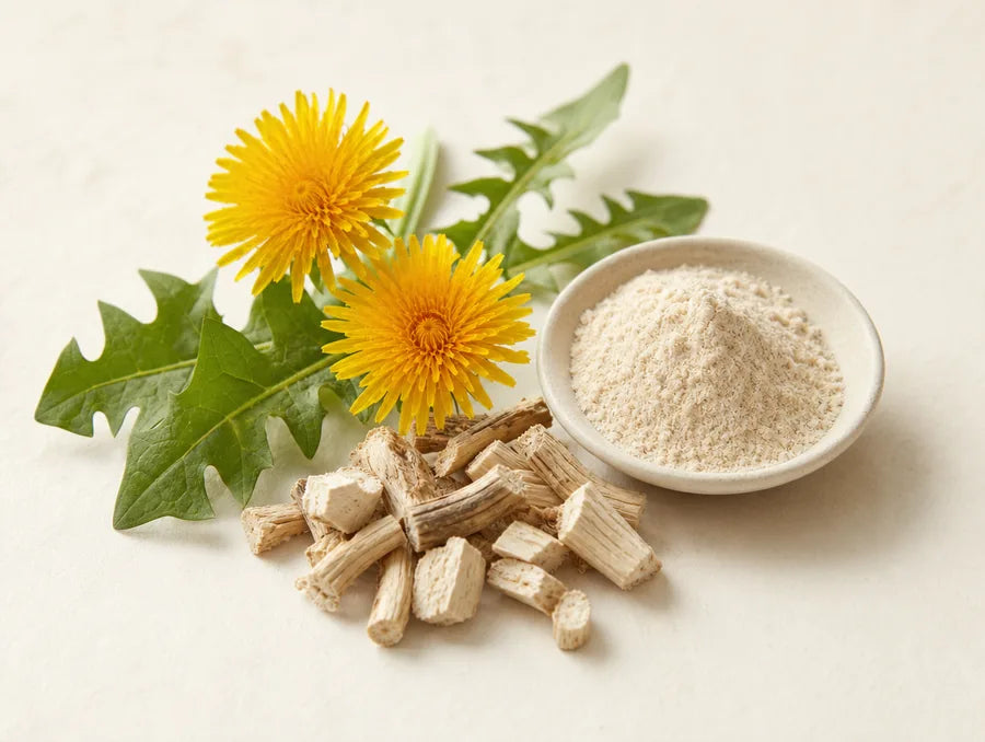 Dandelion flowers beside marshmallow root and powder
