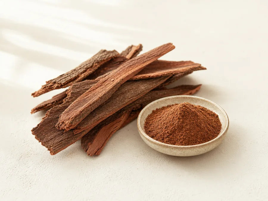 Strips of Pau D’Arco bark beside a dish of ground bark