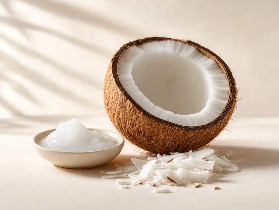 A halved coconut beside a dish of coconut oil