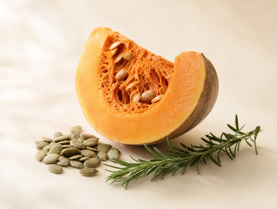 A wedge of pumpkin with seeds and a sprig of rosemary