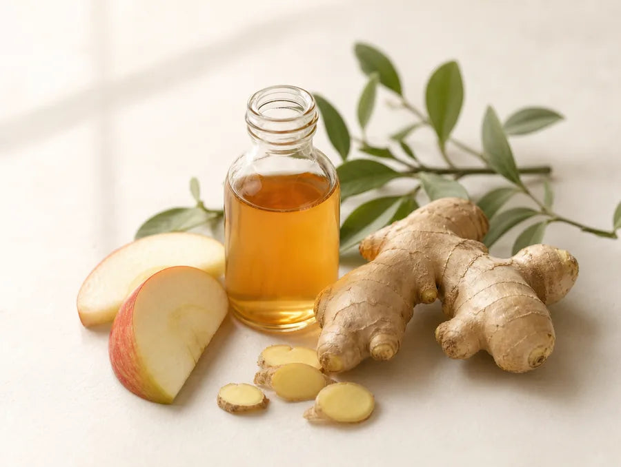 A bottle of apple cider vinegar with fresh ginger and apple